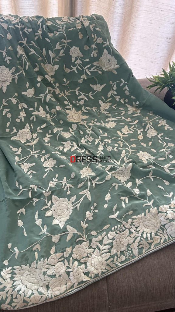 Sage Green Floral Parsi Gara Suit (Three Piece) Parsi Gara Suits