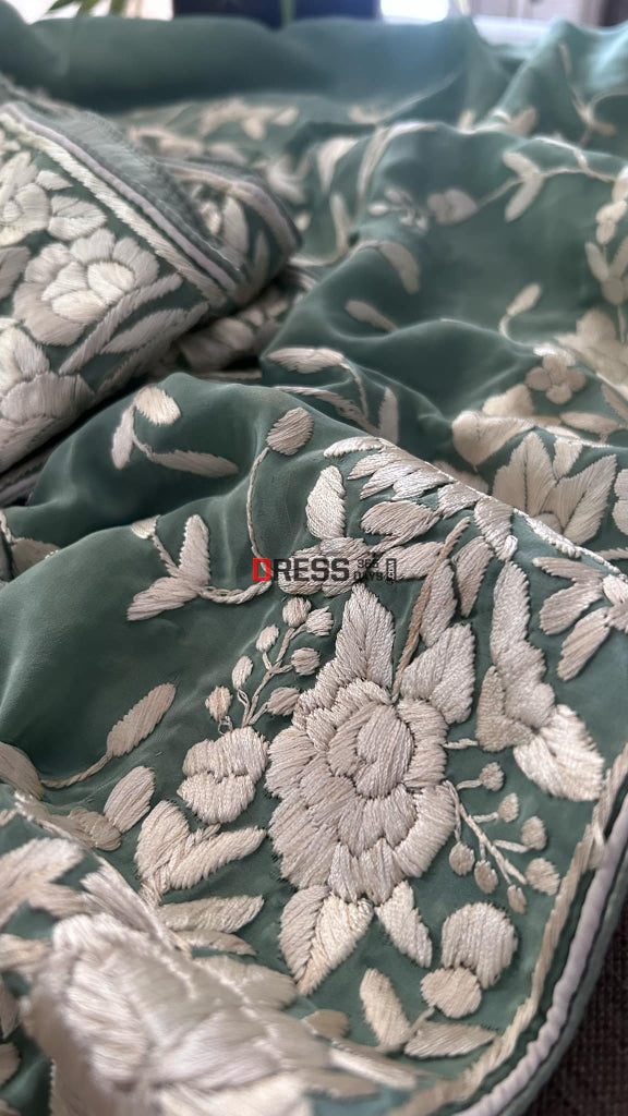 Sage Green Floral Parsi Gara Suit (Three Piece) Parsi Gara Suits