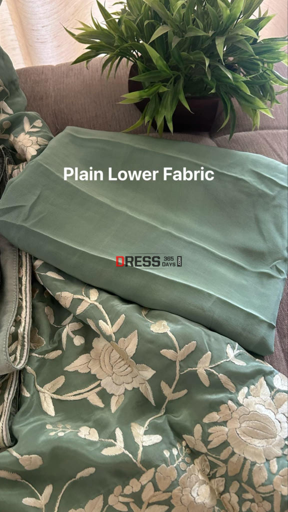 Sage Green Floral Parsi Gara Suit (Three Piece) Parsi Gara Suits