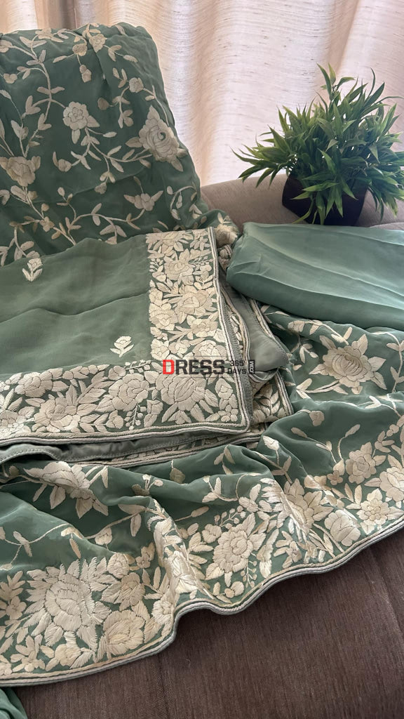 Sage Green Floral Parsi Gara Suit (Three Piece) Parsi Gara Suits