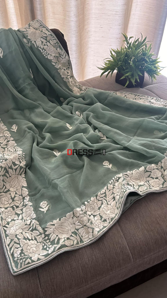 Sage Green Floral Parsi Gara Suit (Three Piece) Parsi Gara Suits