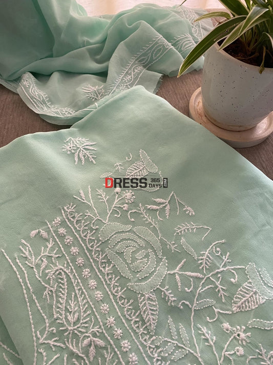 Sea Green Fine Chikankari Kurta Dupatta Set Suits