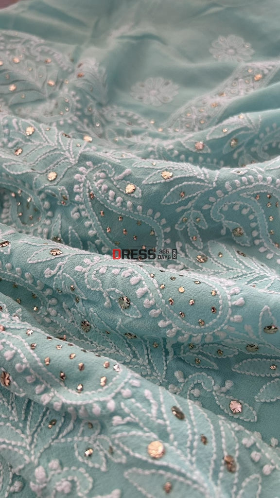 Sea Green Mukaish Chikankari Suit (Kurta Dupatta) Suits