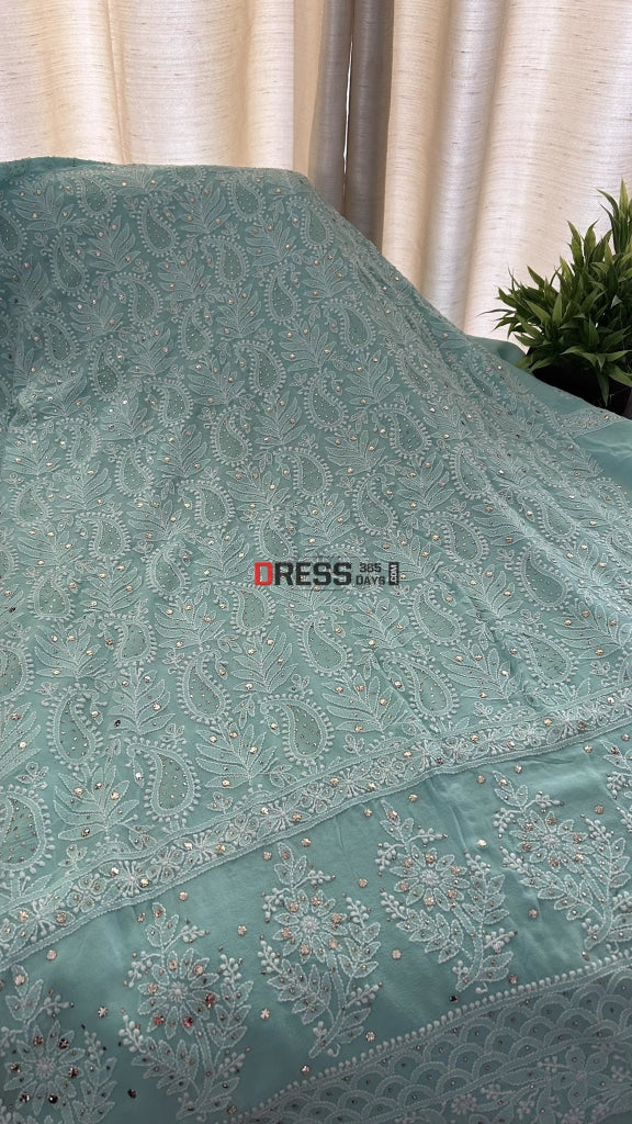 Sea Green Mukaish Chikankari Suit (Kurta Dupatta) Suits