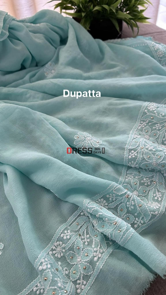 Sea Green Mukaish Chikankari Suit (Kurta Dupatta) Suits