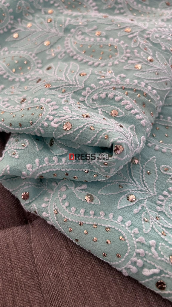 Sea Green Mukaish Chikankari Suit (Kurta Dupatta) Suits