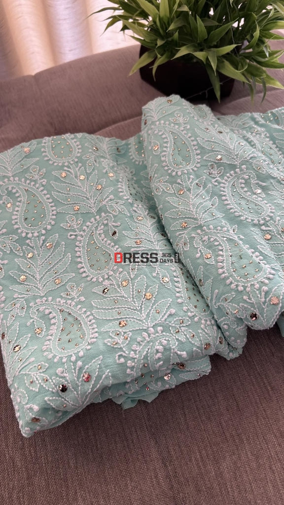 Sea Green Mukaish Chikankari Suit (Kurta Dupatta) Suits