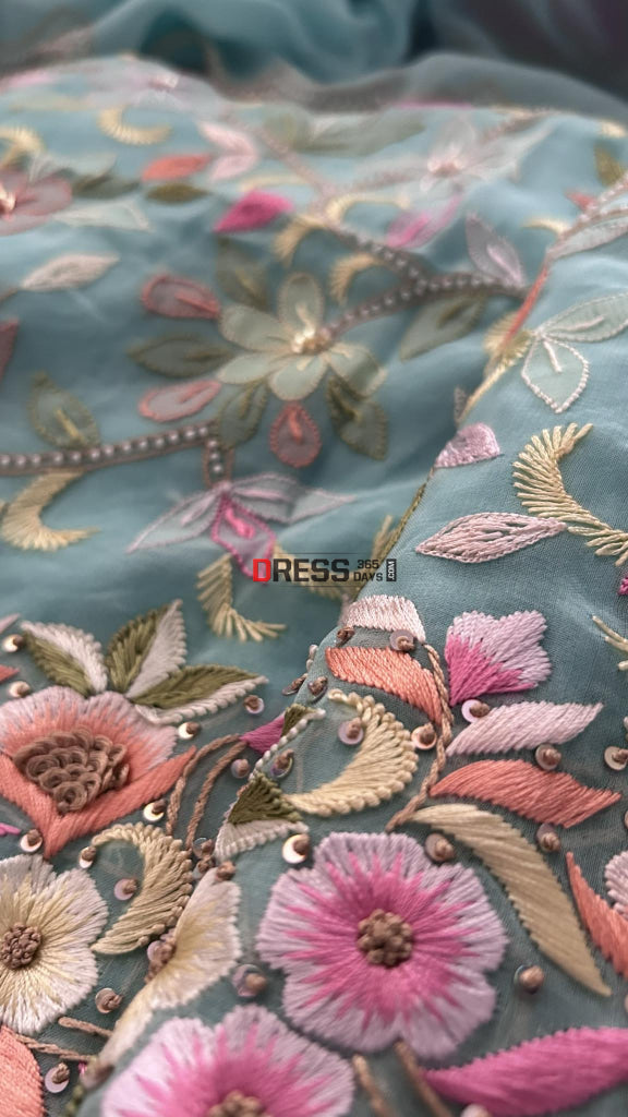 Sea Green Resham Chikankari Parsi Gara Pearl Suit Suits