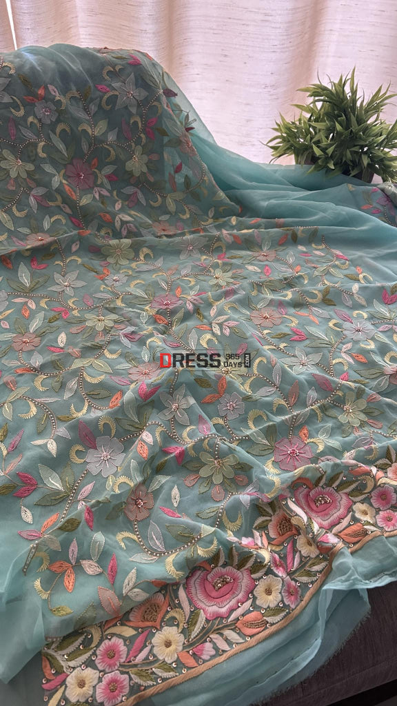 Sea Green Resham Chikankari Parsi Gara Pearl Suit Suits