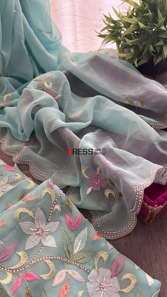 Sea Green Resham Chikankari Parsi Gara Pearl Suit Suits