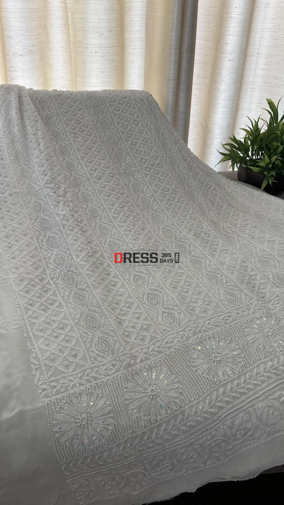 White Pearl Lucknowi Chikankari Suit (Kurta & Dupatta) Suits