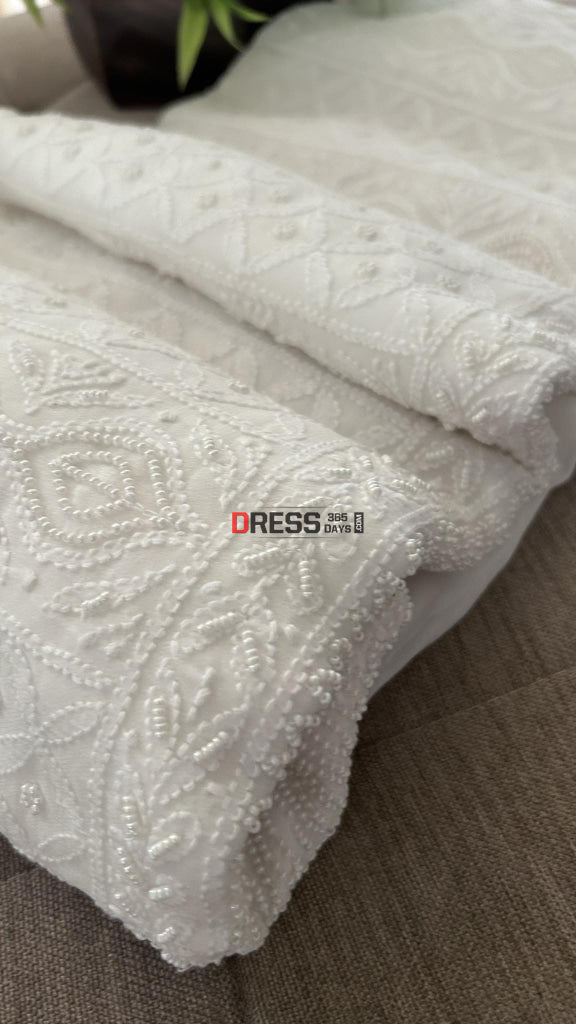 White Pearl Lucknowi Chikankari Suit (Kurta & Dupatta) Suits