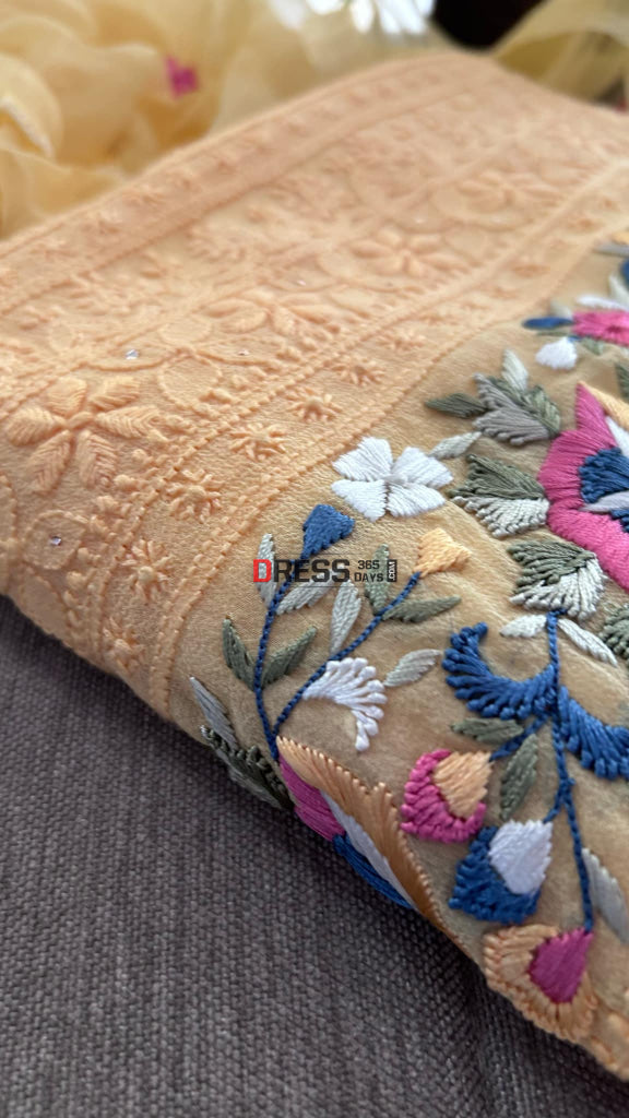 Yellow Chikankari Parsi Gara Daman Suit (Kurta & Dupatta) Suits