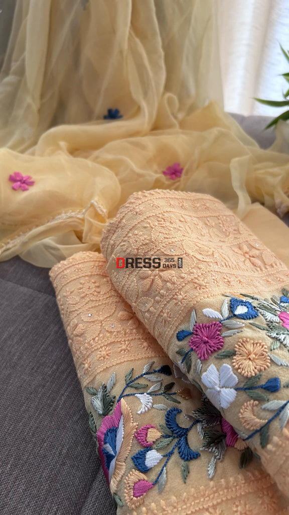 Yellow Chikankari Parsi Gara Daman Suit (Kurta & Dupatta) Suits