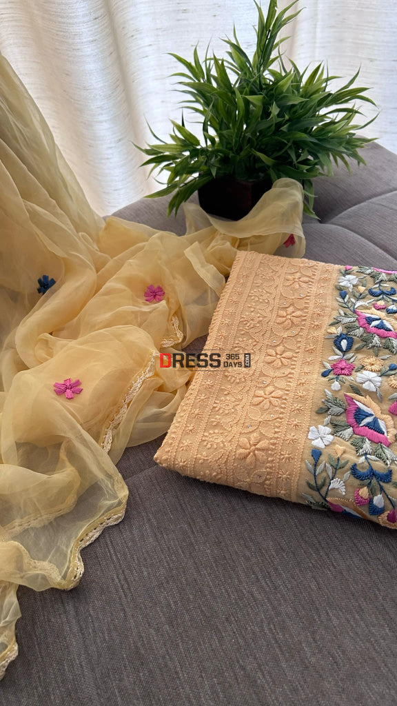 Yellow Chikankari Parsi Gara Daman Suit (Kurta & Dupatta) Suits