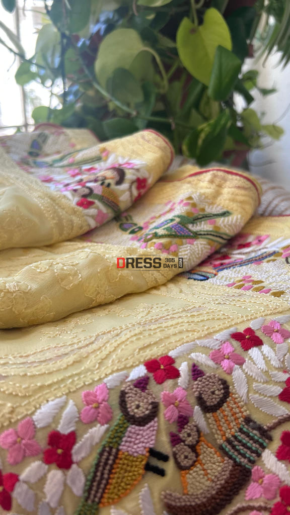 Yellow Chikankari Parsi Gara & French Knot Hand Embroidered Dupatta