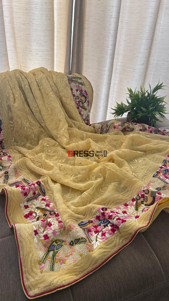 Yellow Chikankari Parsi Gara & French Knot Hand Embroidered Dupatta