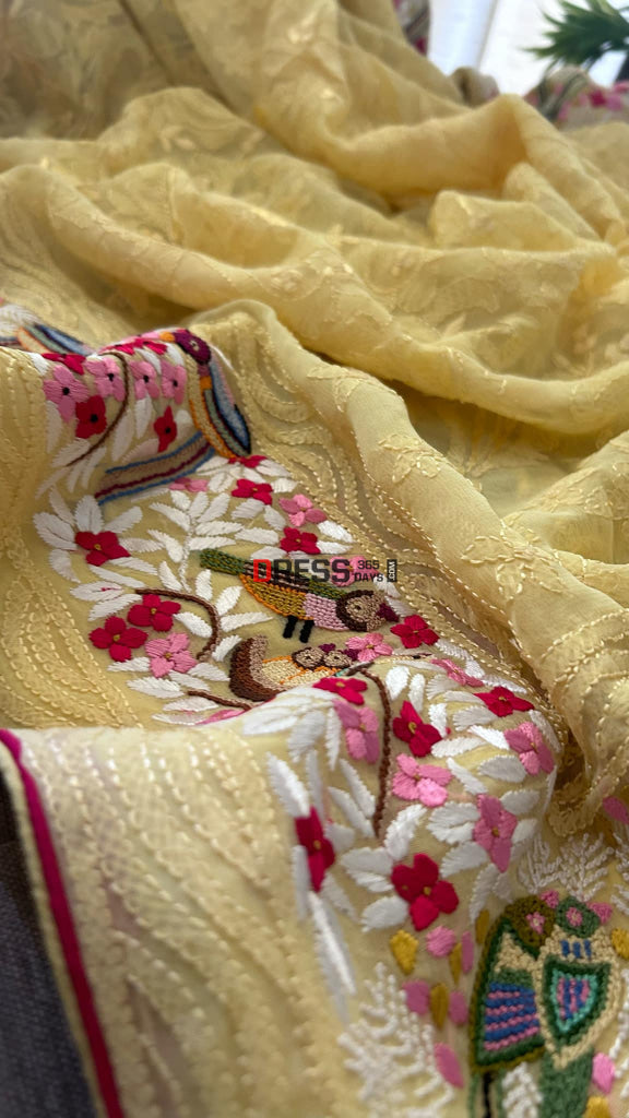 Yellow Chikankari Parsi Gara & French Knot Hand Embroidered Dupatta