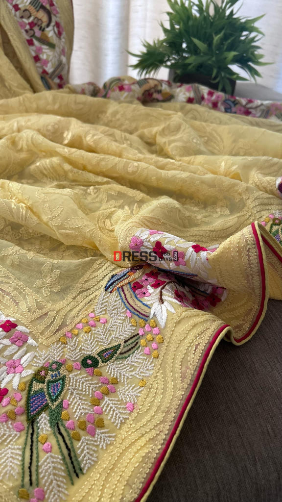 Yellow Chikankari Parsi Gara & French Knot Hand Embroidered Dupatta