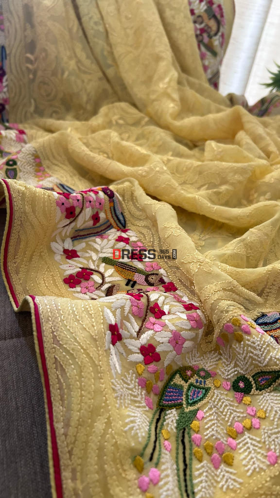 Yellow Chikankari Parsi Gara & French Knot Hand Embroidered Dupatta