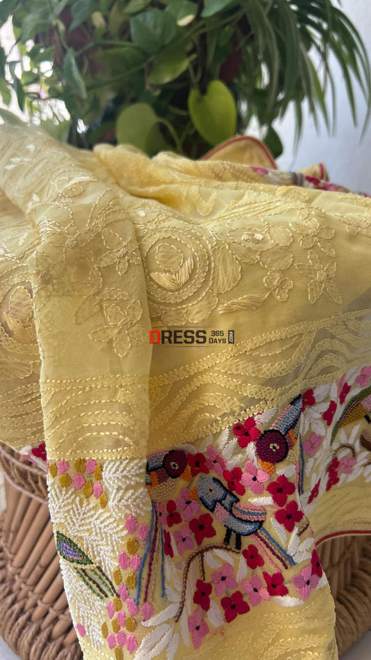 Yellow Chikankari Parsi Gara & French Knot Hand Embroidered Dupatta