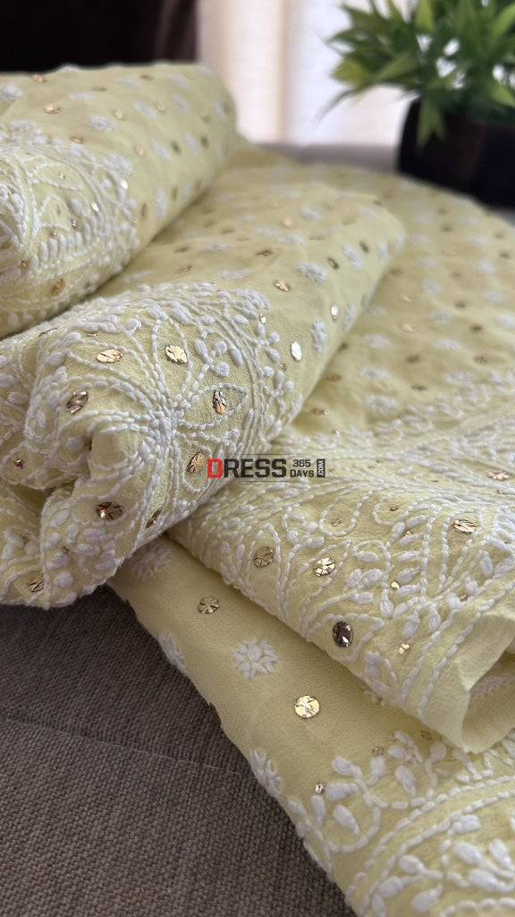 Yellow Front And Back Chikankari Suit With Embroidered Dupatta Suits