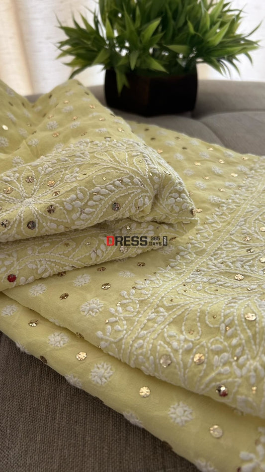 Yellow Front And Back Chikankari Suit With Embroidered Dupatta Suits