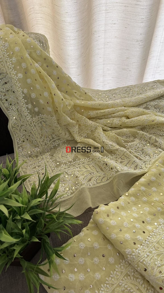 Yellow Front And Back Chikankari Suit With Embroidered Dupatta Suits