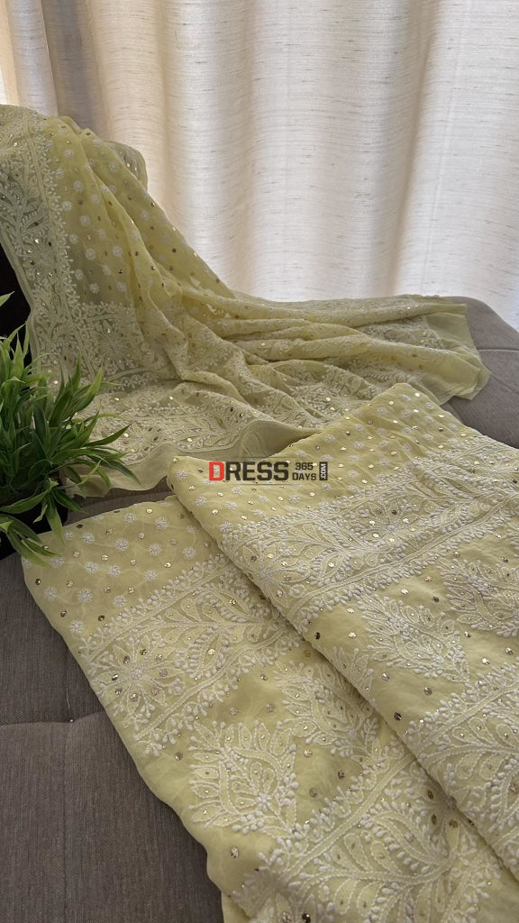 Yellow Front And Back Chikankari Suit With Embroidered Dupatta Suits