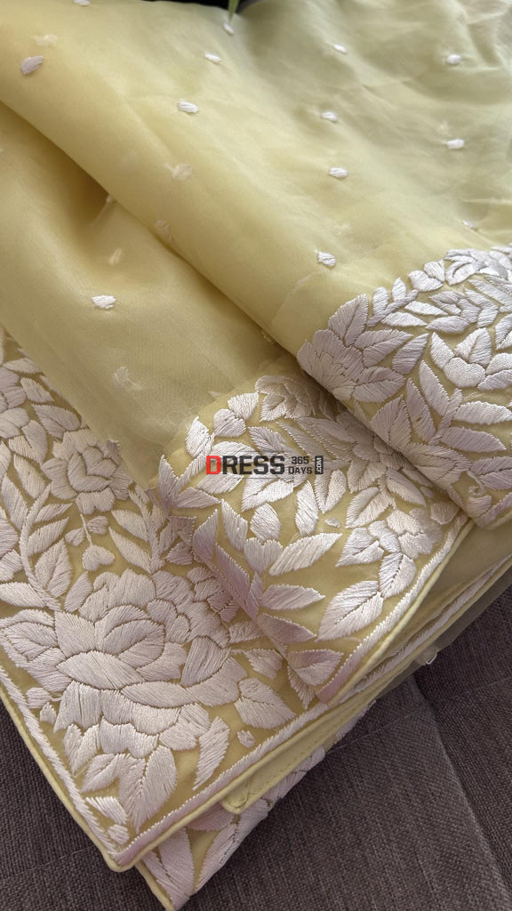 Yellow Organza Parsi Gara Hand Embroidered Dupatta