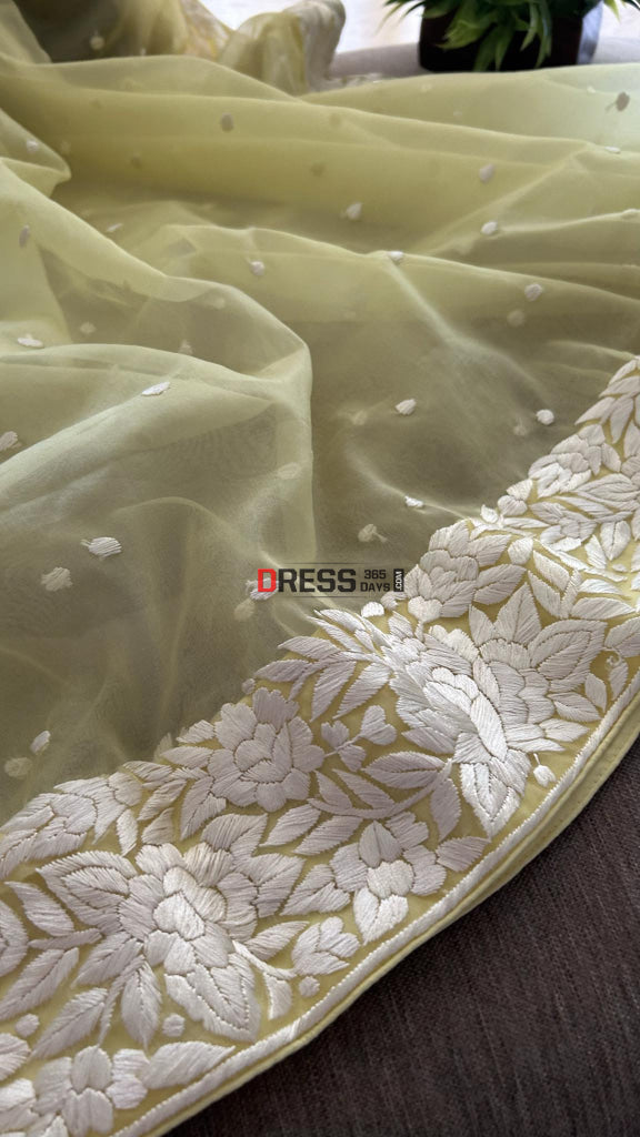 Yellow Organza Parsi Gara Hand Embroidered Dupatta