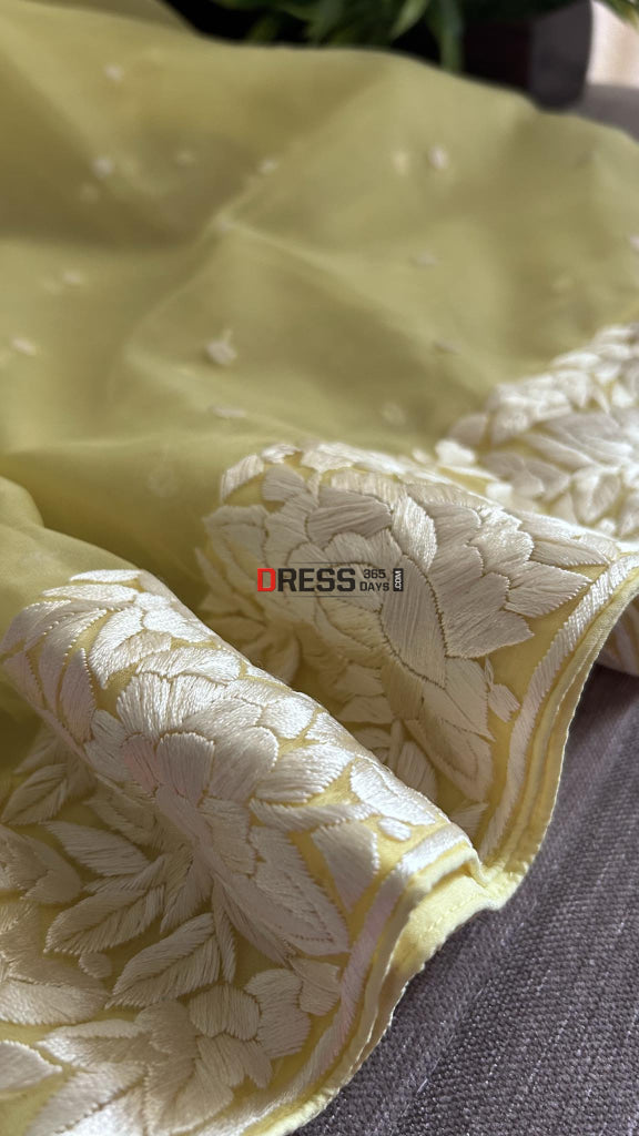 Yellow Organza Parsi Gara Hand Embroidered Dupatta