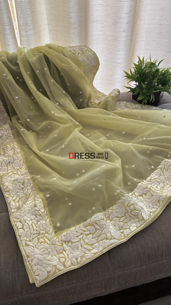 Yellow Organza Parsi Gara Hand Embroidered Dupatta