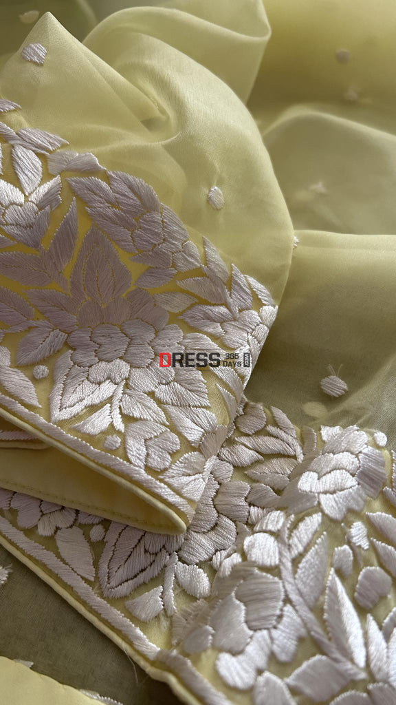 Yellow Organza Parsi Gara Hand Embroidered Dupatta