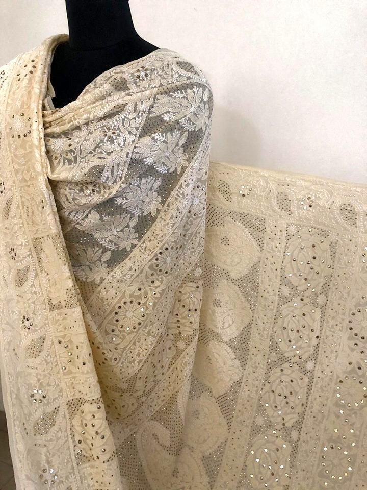 Beige All Over Jaal Chikankari Mukaish Saree - Dress365days