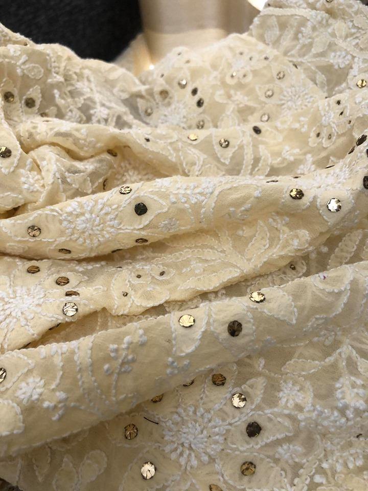 Beige All Over Jaal Chikankari Mukaish Saree - Dress365days