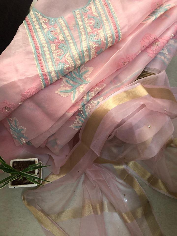 Pink Organza Mukaish Chikankari Suit - Dress365days