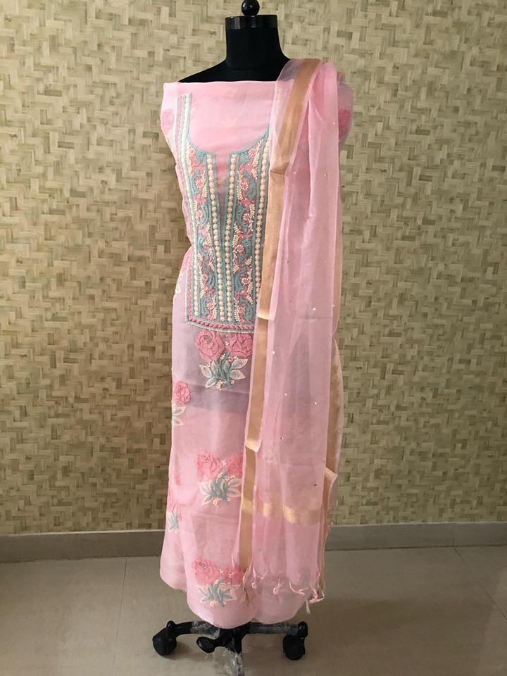 Pink Organza Mukaish Chikankari Suit - Dress365days