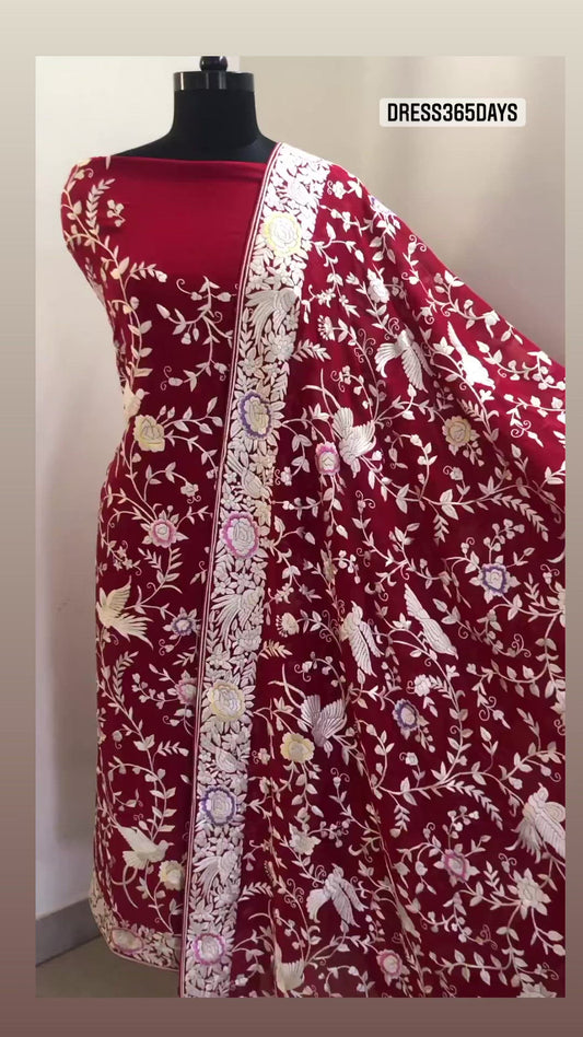 Red & Ivory Hand Embroidered Parsi Gara suit (Three Piece)