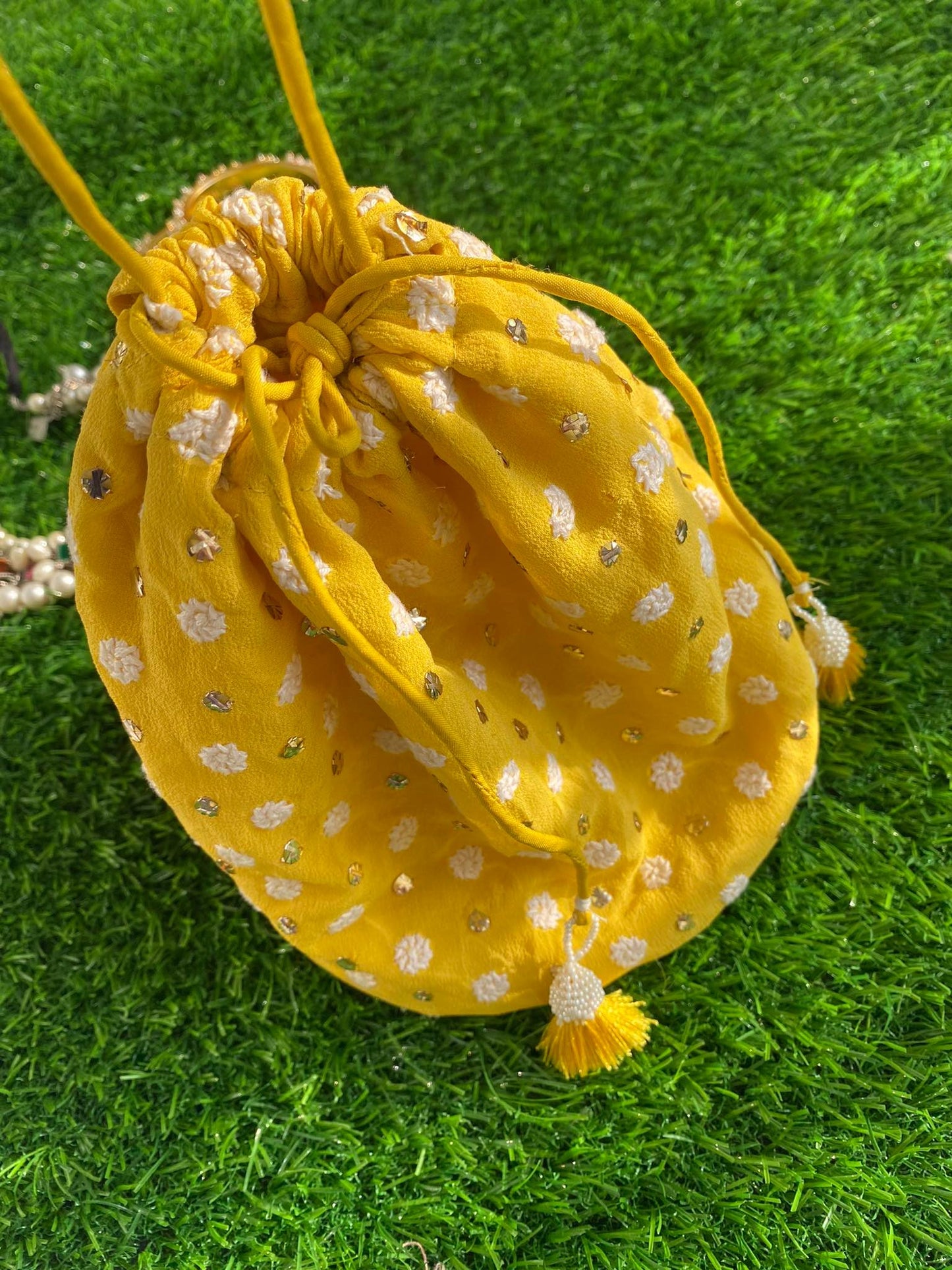 Yellow Chikankari Hand Embroidered Potli Bag