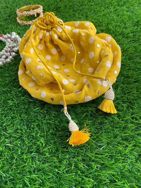 Yellow Chikankari Hand Embroidered Potli Bag