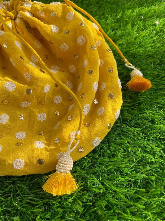 Yellow Chikankari Hand Embroidered Potli Bag