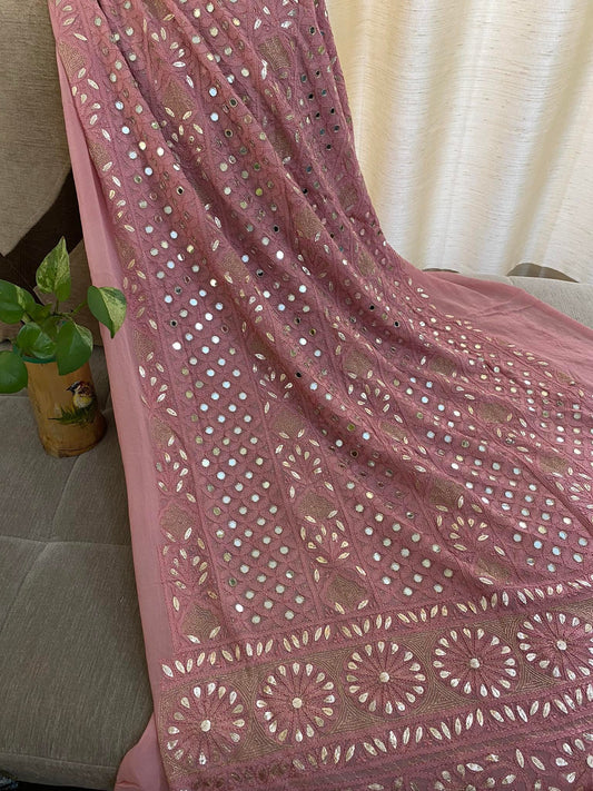 Dusty Rose Pink Mirror & Gota Patti Lucknowi Chikankari Suit