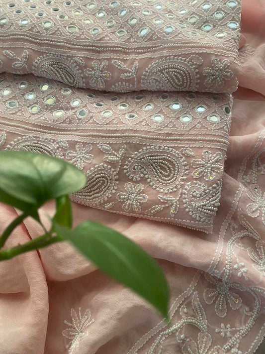 Exclusive Pastel Pink Pearl & Mirror Chikankari Suit