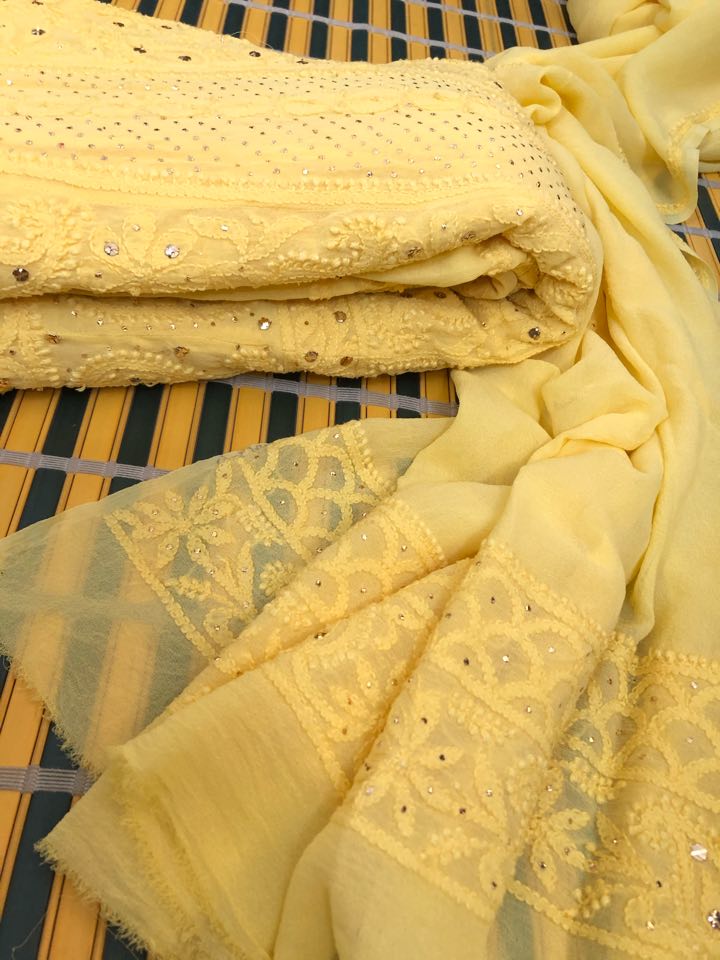 Yellow Mukaish Chikankari Anarkali Suit