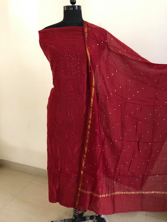 Maroon Fine Chanderi Chikankari Mukaish Work Suit (Kurta and Dupatta)