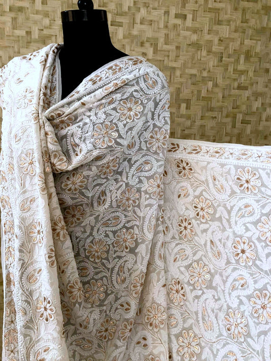 Off White Lucknowi Chikankari Dupatta With Heavy Gota Patti Work