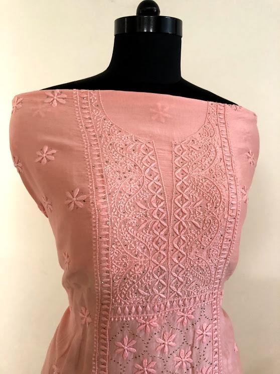 Peach Chikankari and Mukaish Chanderi Suit - Dress365days