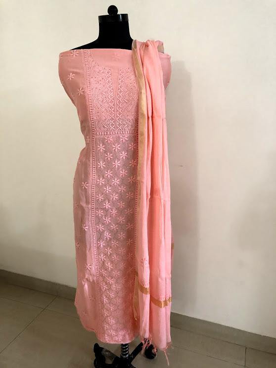 Peach Chikankari and Mukaish Chanderi Suit - Dress365days