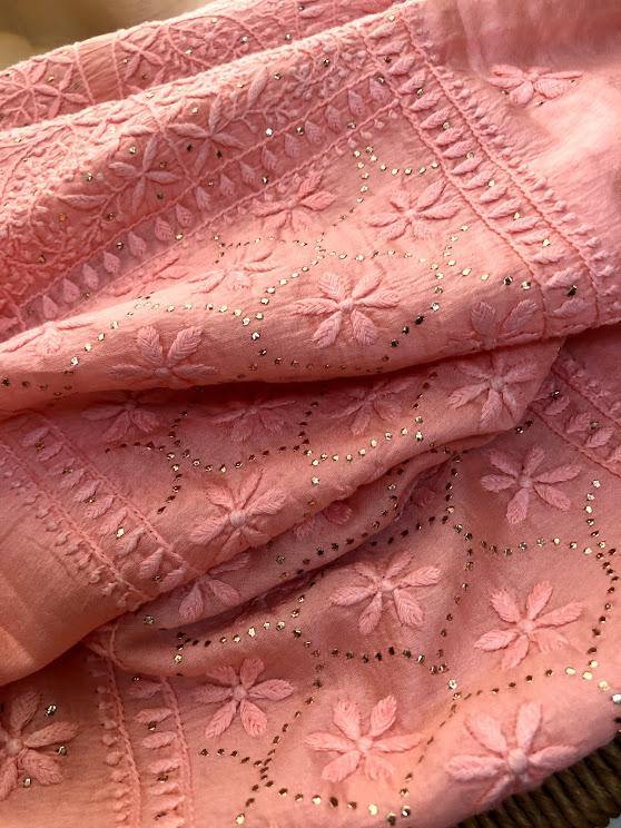 Peach Chikankari and Mukaish Chanderi Suit - Dress365days